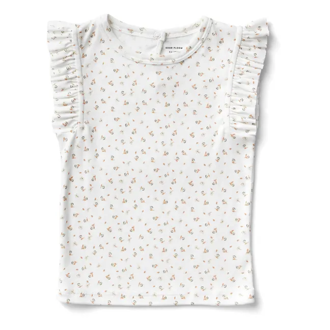 Frill Flowered Ruffled Sleeve T-Shirt  | White