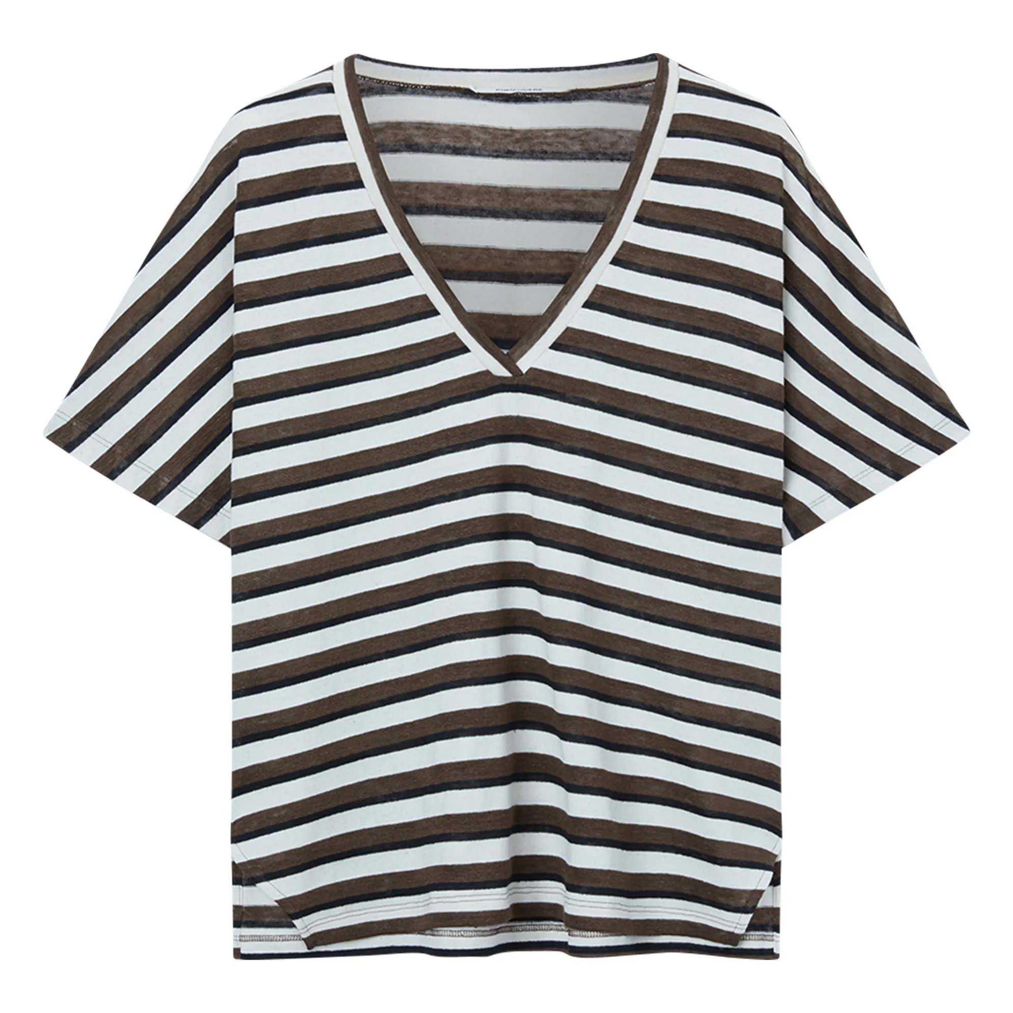 Pomandère Purple V-Neck T-Shirt Stripes Linen And Cotton