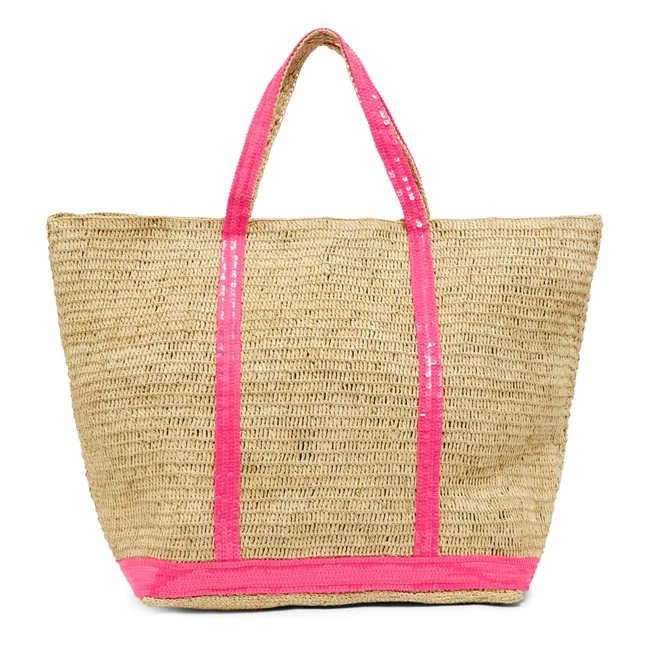 Large Shopping Bag Raffia and Sequins | Fluorescent pink
