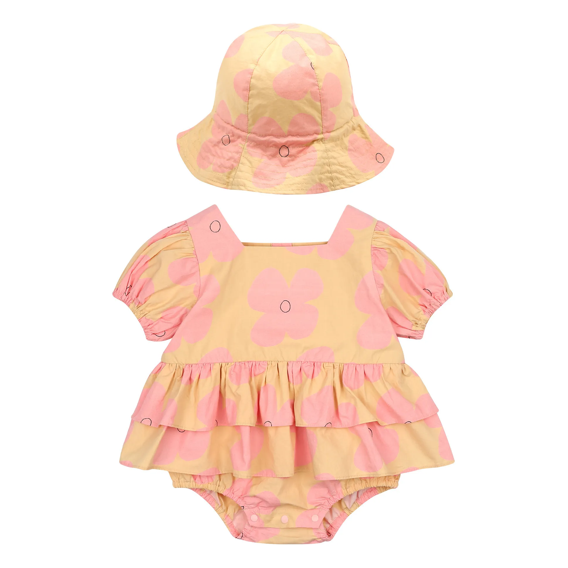 Jelly Mallow Cream Flower Romper And Hat Set
