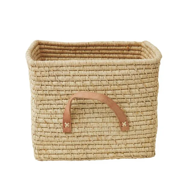 Small Square basket in Raffia with Leather hands