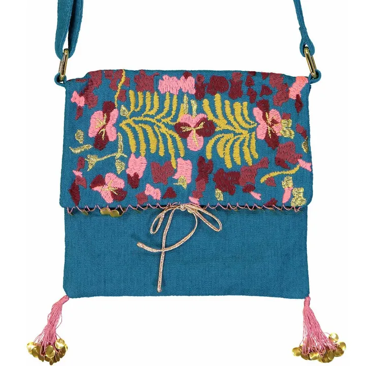 Ouzzom Embroidered Pompom Bag | Blue- Product image n°1