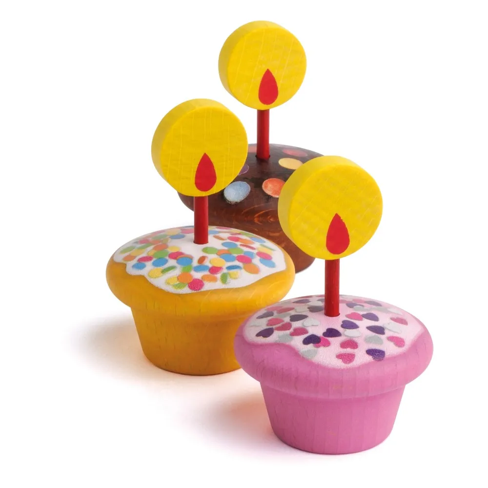 Erzi Multicoloured Wooden Toy Muffins With Candles - Set Of 3