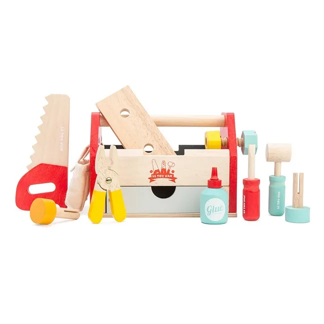 Caja de herramientas de madera y sus 11 accesorios