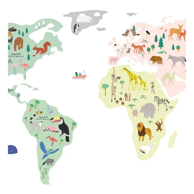 World Aniamls Map Wall Stickers