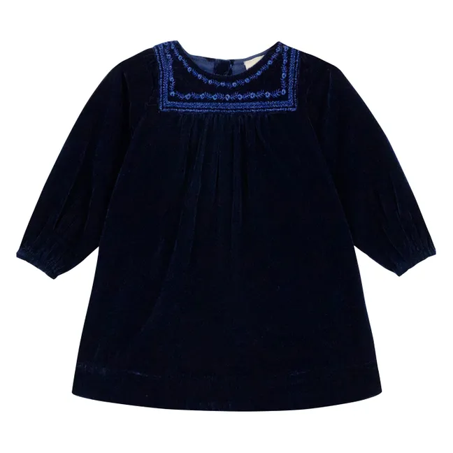 Robe Brodée Pimousse Velours | Bleu marine