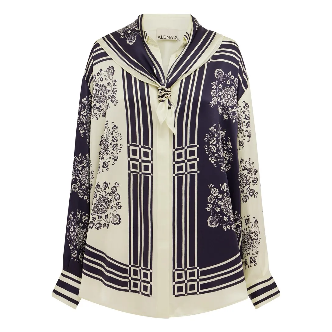 Alémais Navy Blue Banderra Scarf Silk Shirt
