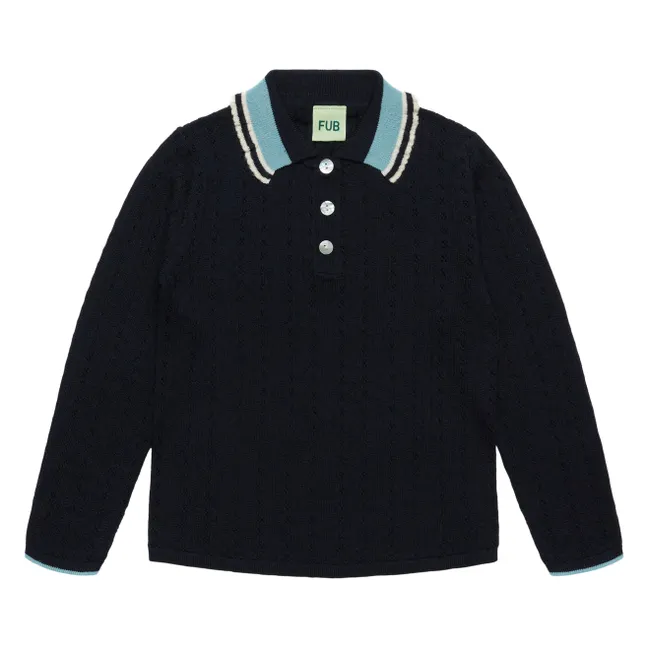 Merino Wool Pointelle Polo Shirt | Navy blue
