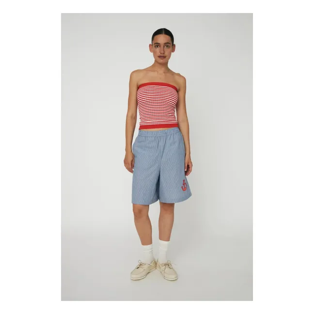 Short Brodé Rayures Coton Bio | Bleu