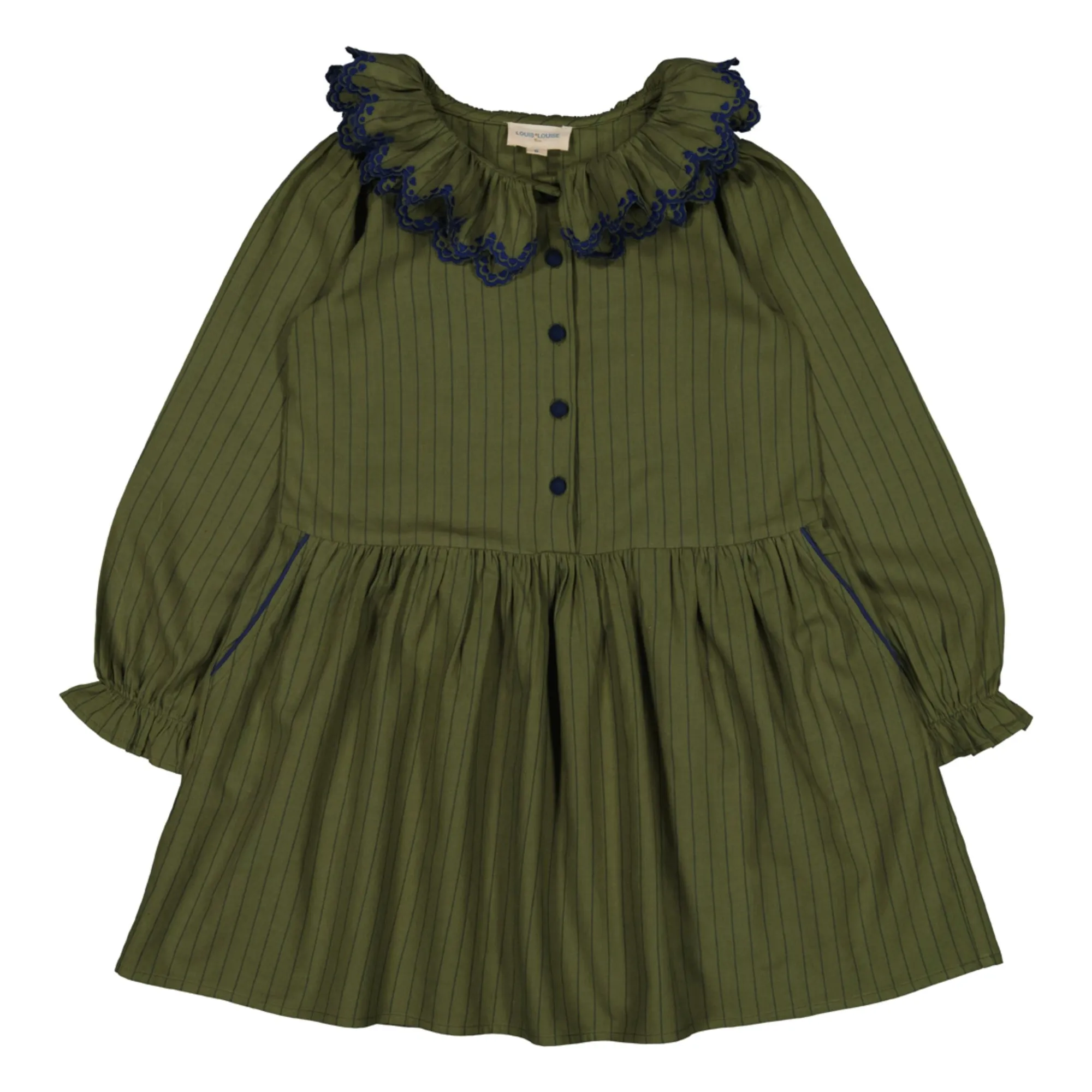 Louis Louise Khaki Myriam Striped Ruffle Neck Dress
