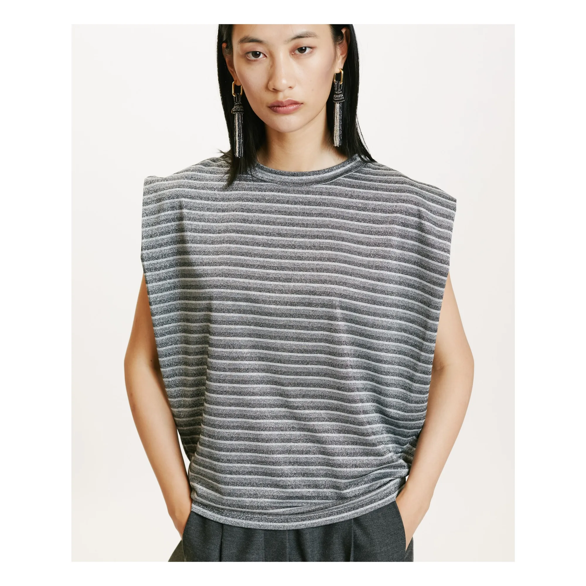 Momoni Silver Grey Enna Stripes Metallic Top