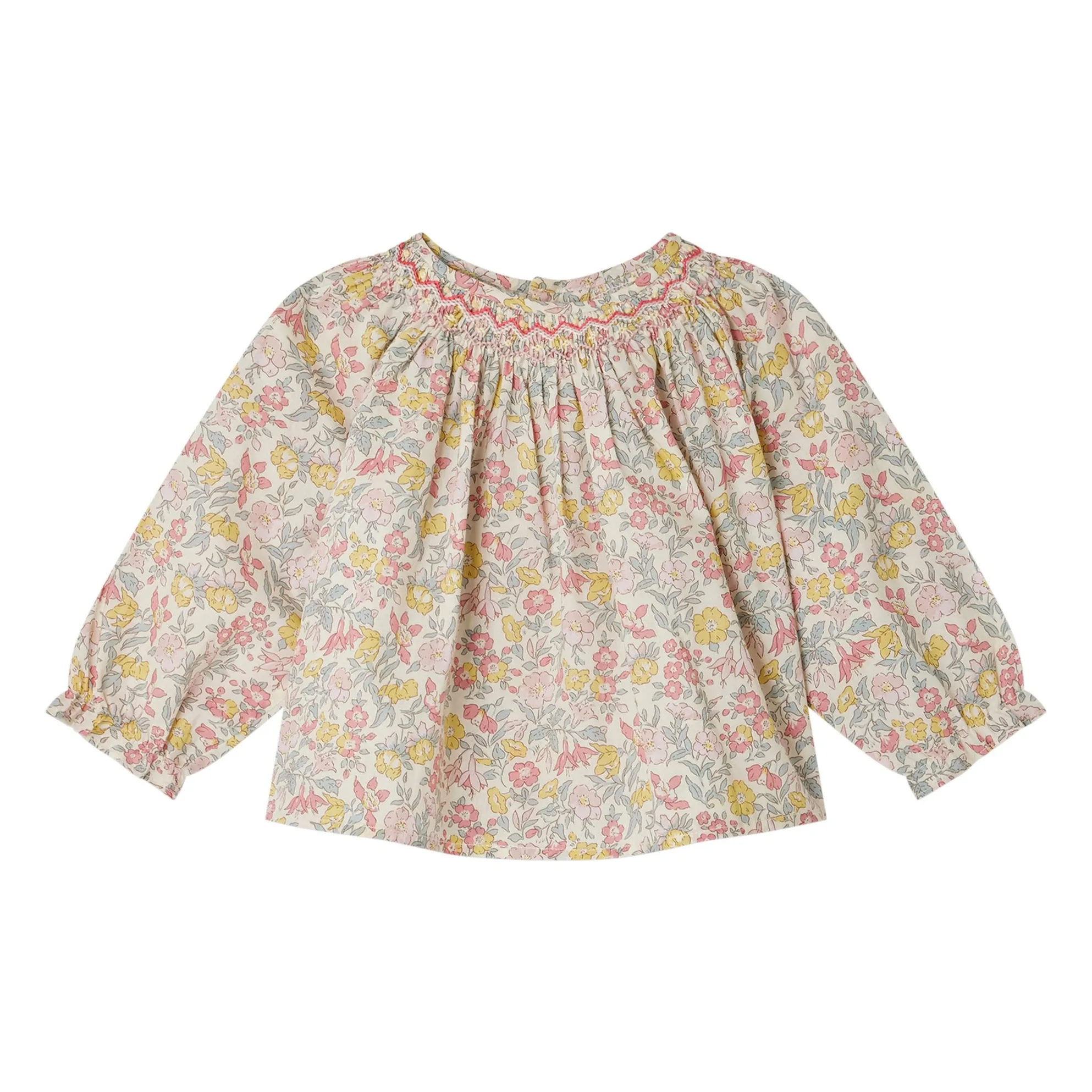 Bonpoint Ecru Griotte Smocked Blouse In Pink Liberty Fabric