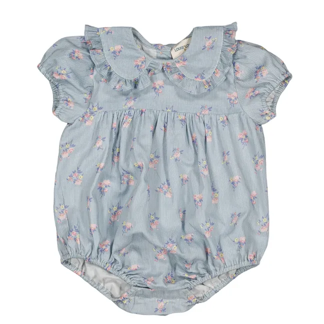 Barboteuse Poupette Bouquets Rayée | Bleu Clair
