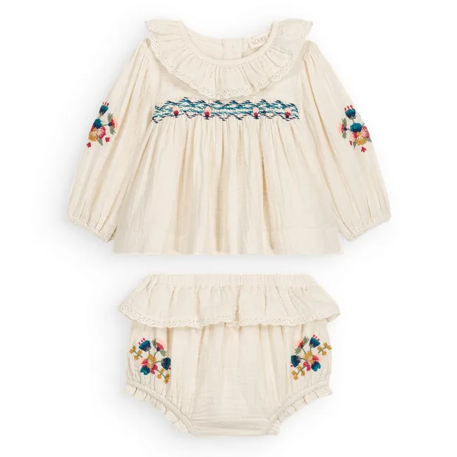 Conjunto de blusa y bombacho de gasa de algodón orgánico Helia | Crema