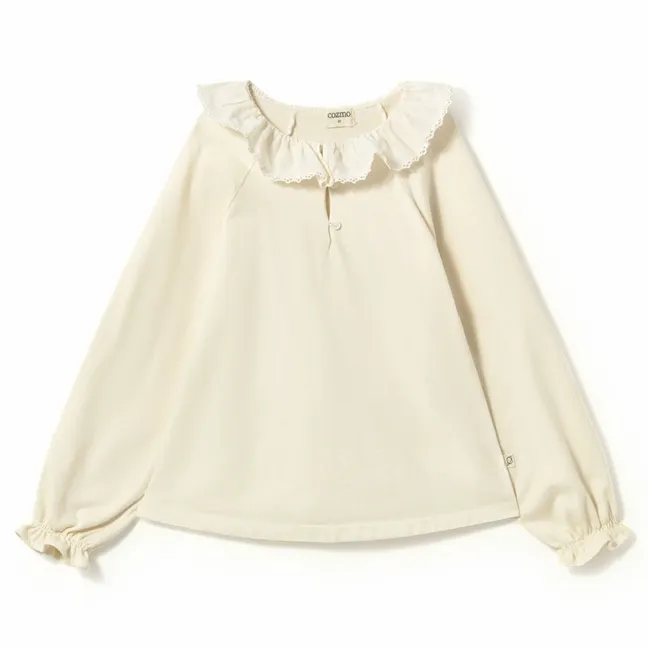 T-shirt Col Volants Adara Coton Bio | Ivoire