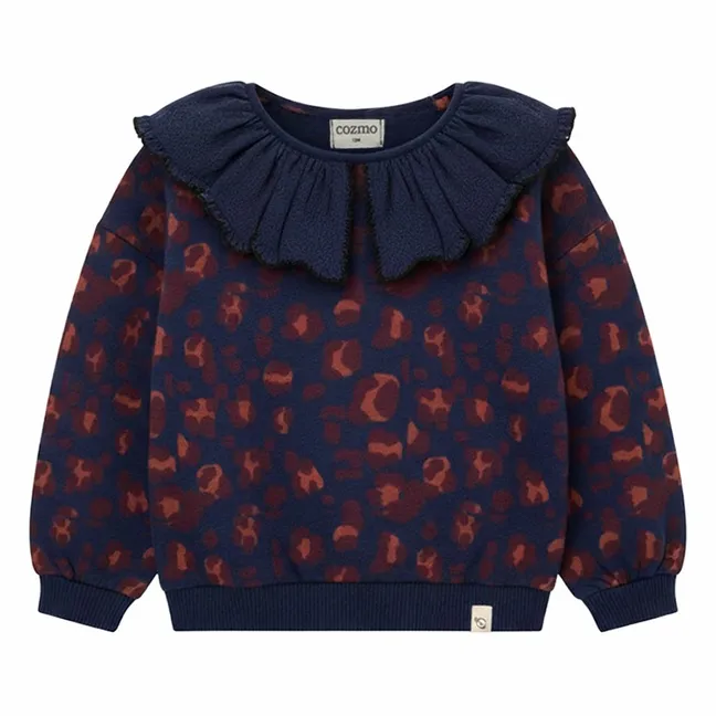 Sweat Col Volants Laia Léopard Coton Bio | Bleu marine