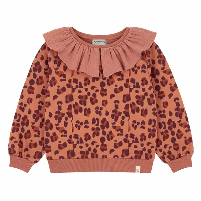 Sweat Col Volants Laia Léopard Coton Bio | Corail