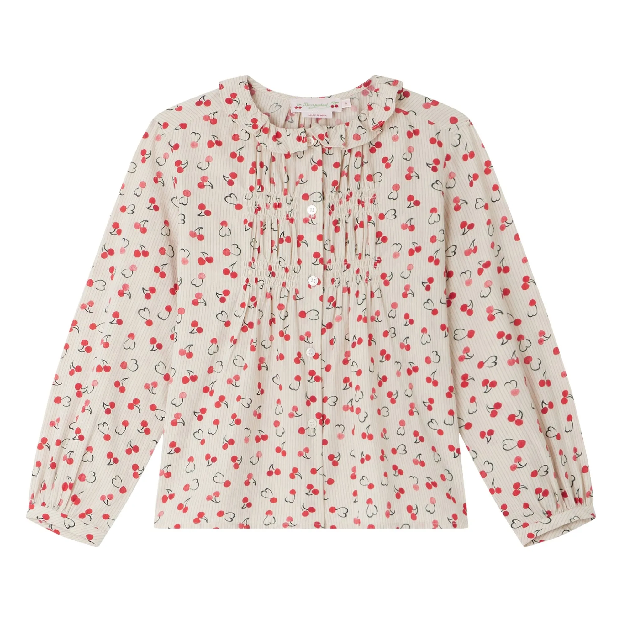 Bonpoint Girls Ecru Gentille Blouse With Red Cherry Print
