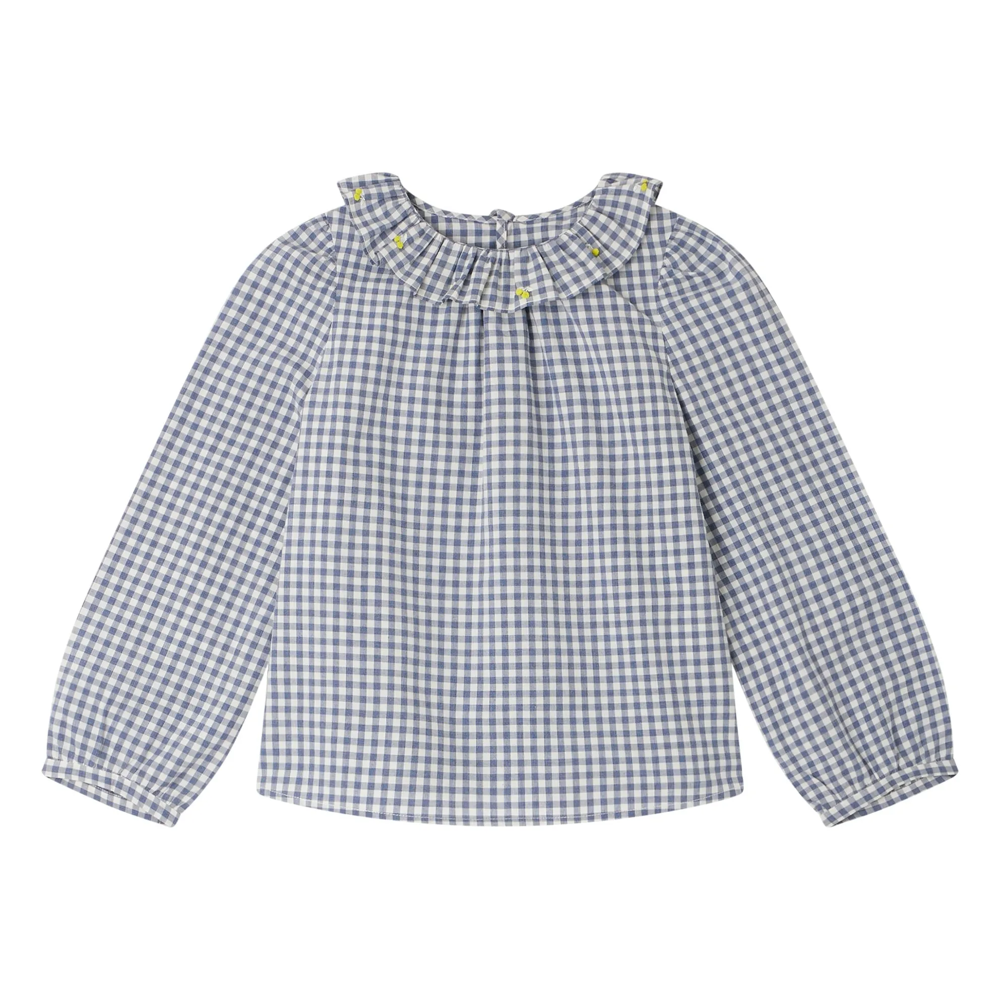 Bonpoint Girls Navy Blue Timber Checkered Embroidered Blouse
