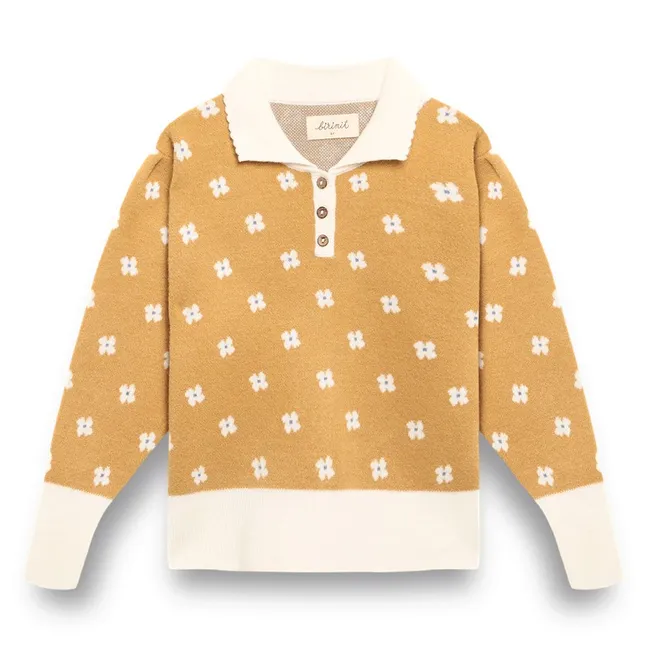 Pull Col Polo Fleuri | Jaune moutarde