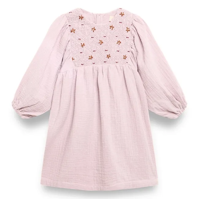 Organic Cotton Smocked Embroidered Dress | Mauve