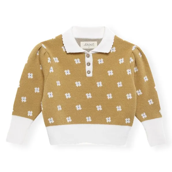 Pull Col Polo Fleuri | Jaune moutarde