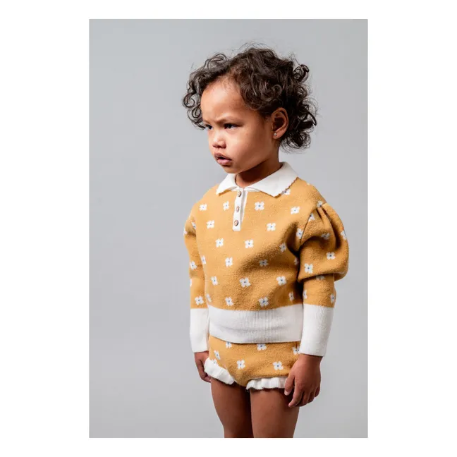 Pull Col Polo Fleuri | Jaune moutarde