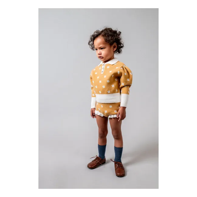 Pull Col Polo Fleuri | Jaune moutarde