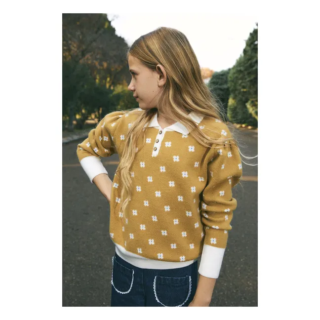 Pull Col Polo Fleuri | Jaune moutarde