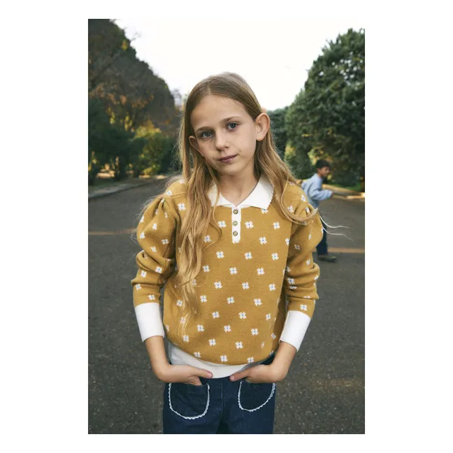 Pull Col Polo Fleuri | Jaune moutarde