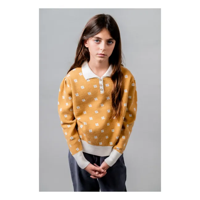 Pull Col Polo Fleuri | Jaune moutarde