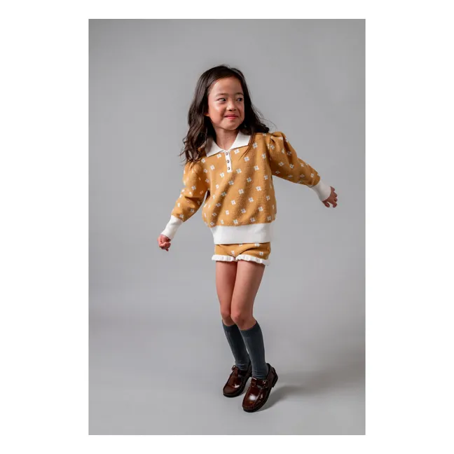 Pull Col Polo Fleuri | Jaune moutarde