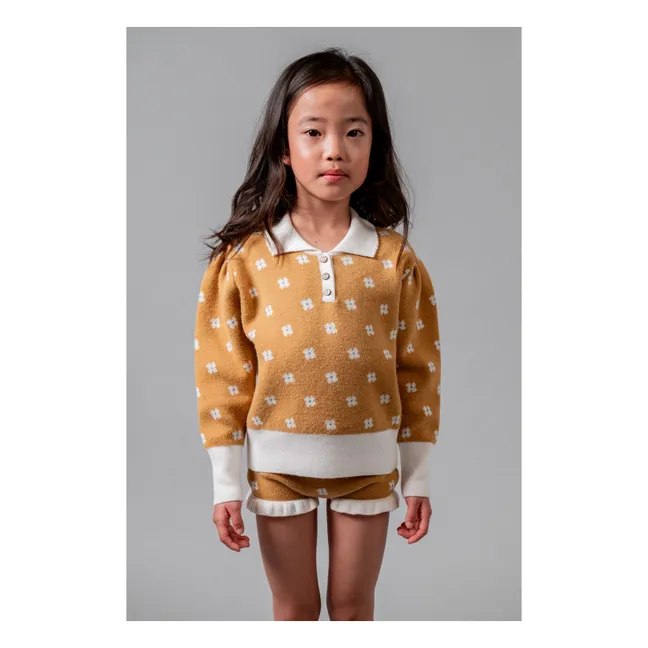 Pull Col Polo Fleuri | Jaune moutarde