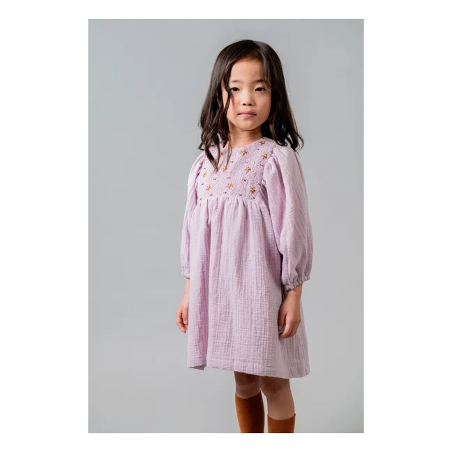 Robe Smockée Brodée Coton Bio | Mauve