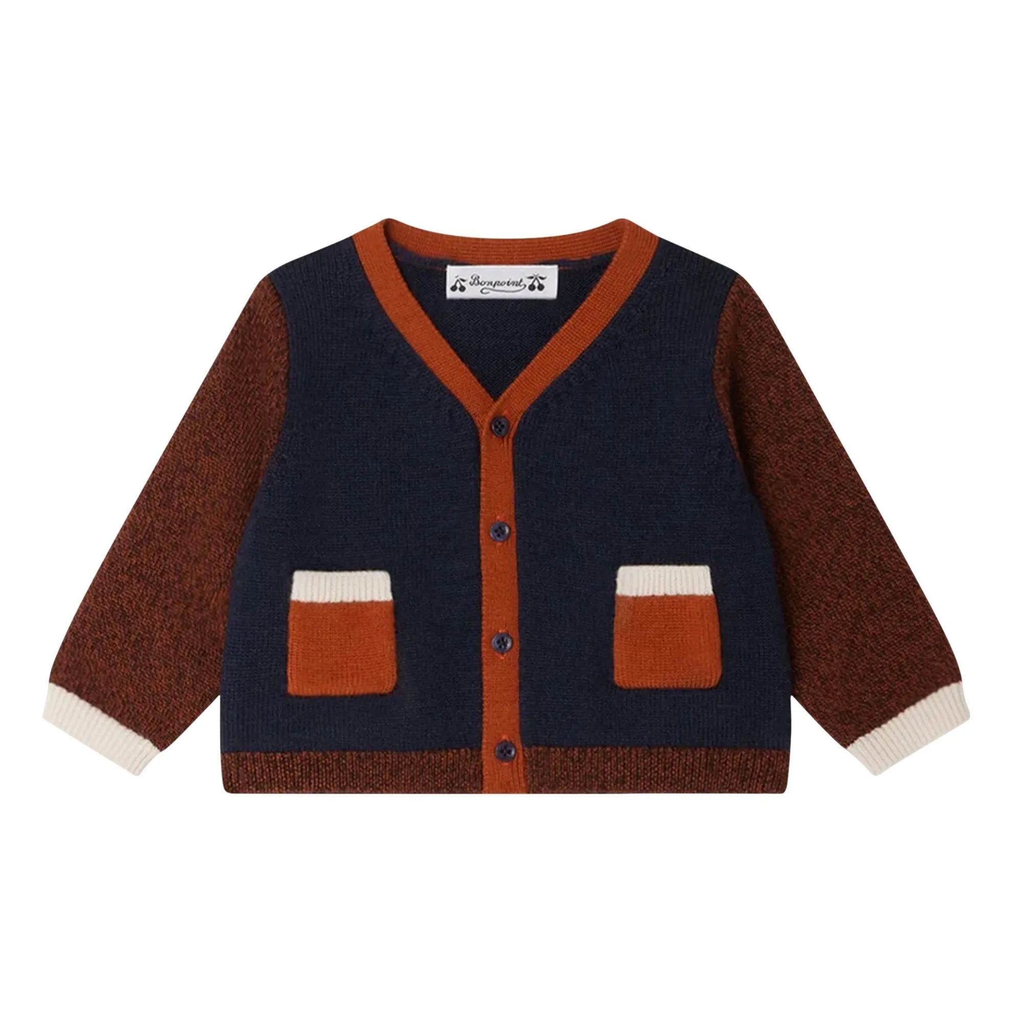 Bonpoint Navy Blue Tahiel Wool Cardigan With Ribbed Edge