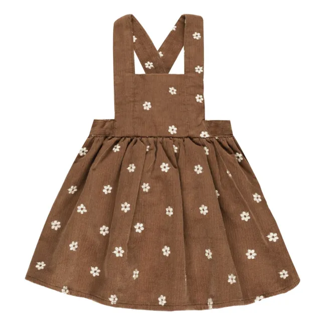 Embroidered Flower Corduroy Apron Dress | Brown