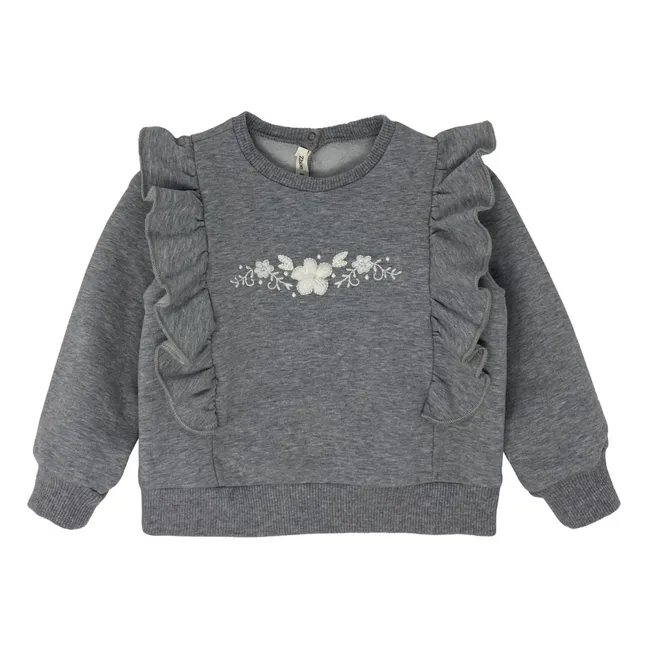 Sweatshirt Bestickte Blumen Rüschen | Grau Meliert