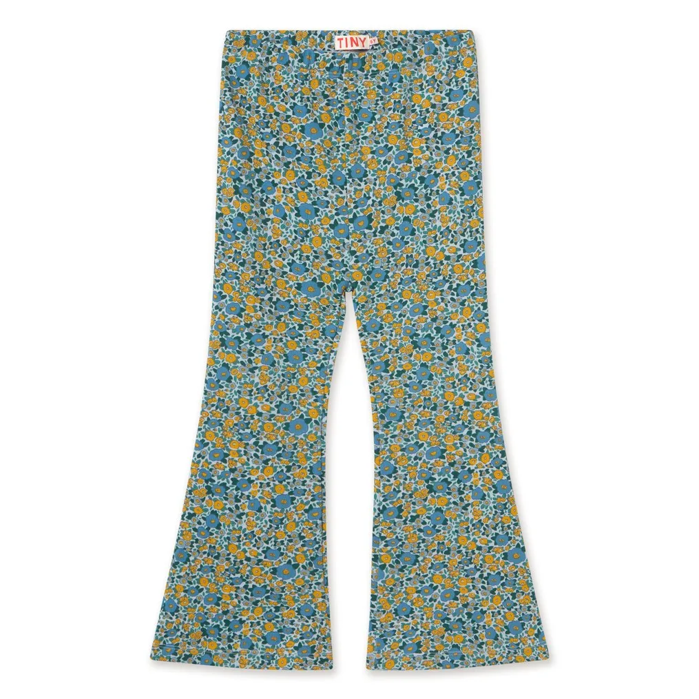 Tinycottons Blue Organic Cotton Floral Ribbed Flare Pants