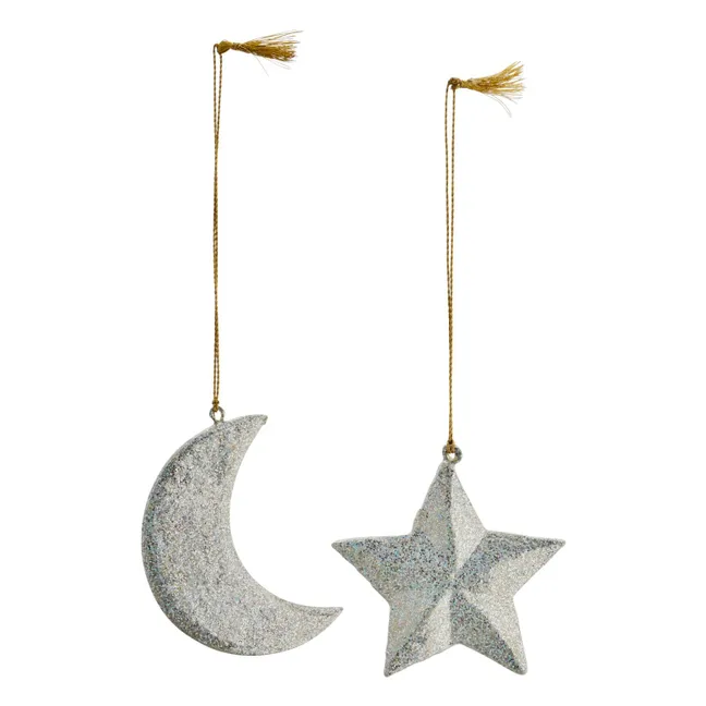 Luna y estrella de papel maché - Set de 2 | Plateado