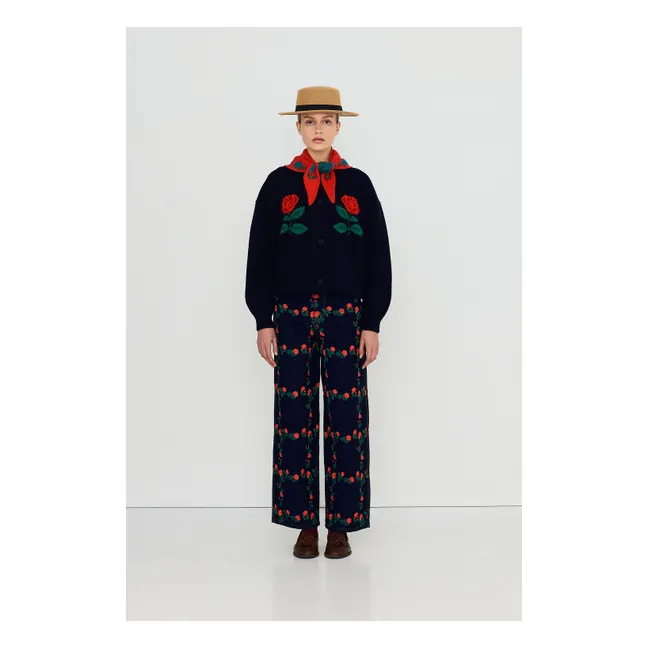 Cardigan Roses Oversized Laine | Bleu marine