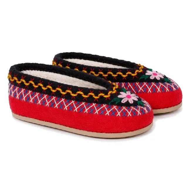 Chaussons Fleuris Laine - Collection Enfant | Rouge
