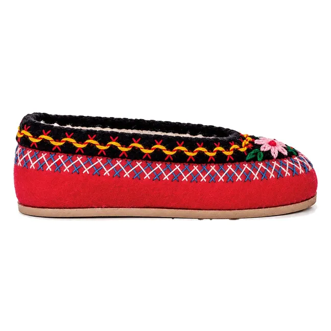 Chaussons Fleuris Laine - Collection Enfant | Rouge