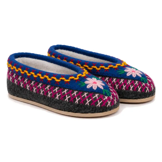 Chaussons Fleuris Laine - Collection Enfant | Gris anthracite
