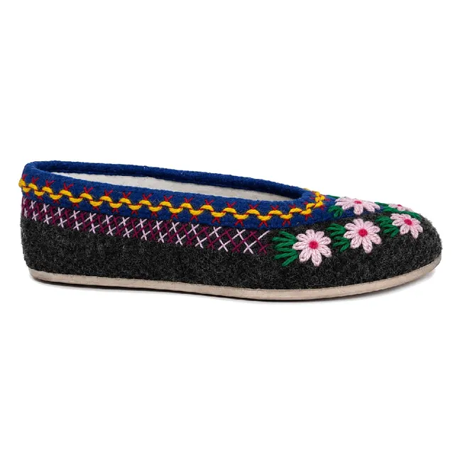 Chaussons Fleuris Laine - Collection Femme | Gris anthracite
