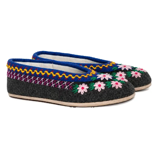 Chaussons Fleuris Laine - Collection Femme | Gris anthracite