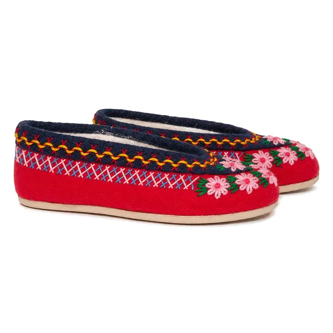 Chaussons Fleuris Laine - Collection Femme | Rouge