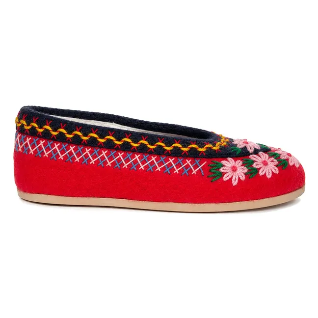 Chaussons Fleuris Laine - Collection Femme | Rouge
