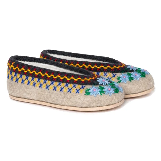 Chaussons Fleuris Laine - Collection Femme | Crème