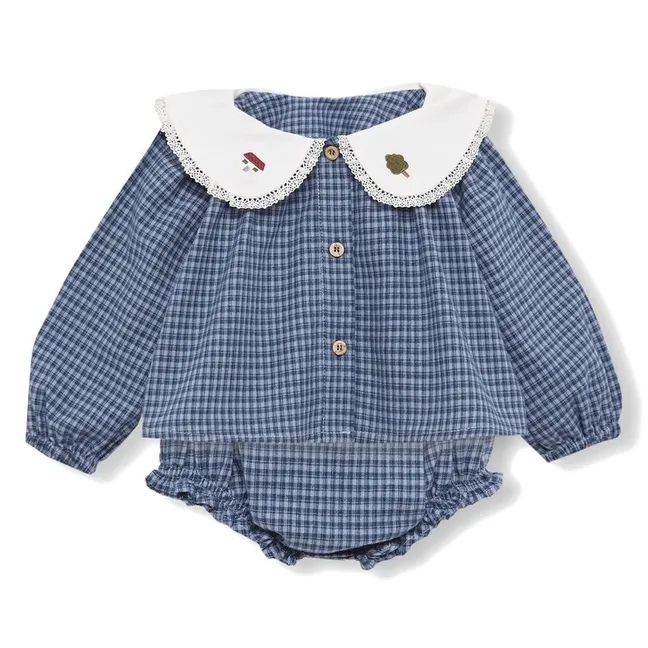 Conjunto de blusa y bombacho Vichy de algodón orgánico | Azul índigo