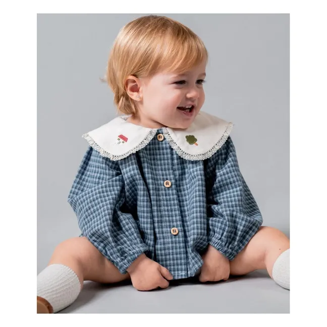 Conjunto de blusa y bombacho Vichy de algodón orgánico | Azul índigo